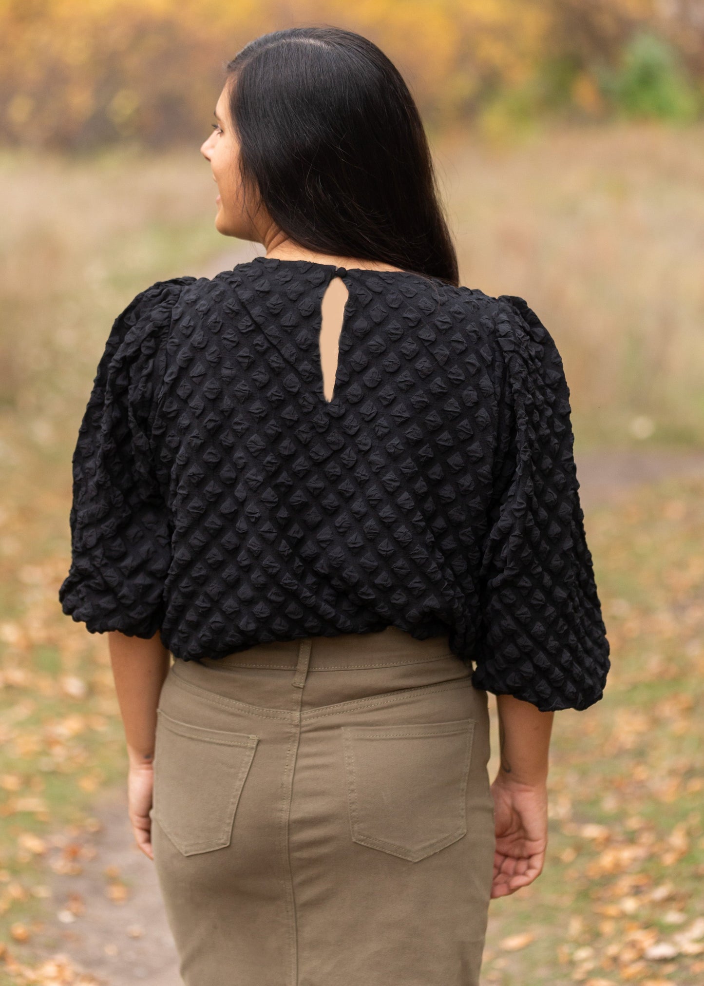 Textured Dotted Balloon Sleeve Blouse Tops