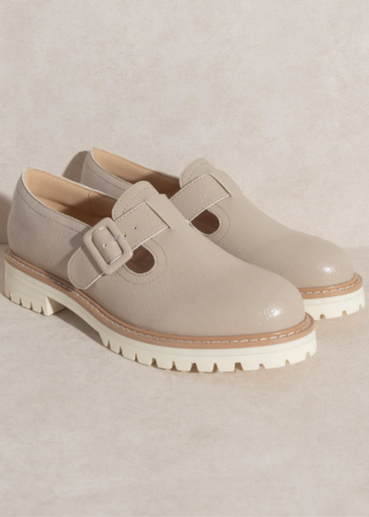 The Amelia Taupe Buckle Strap Loafers Shoes