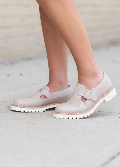 The Amelia Taupe Buckle Strap Loafers Shoes