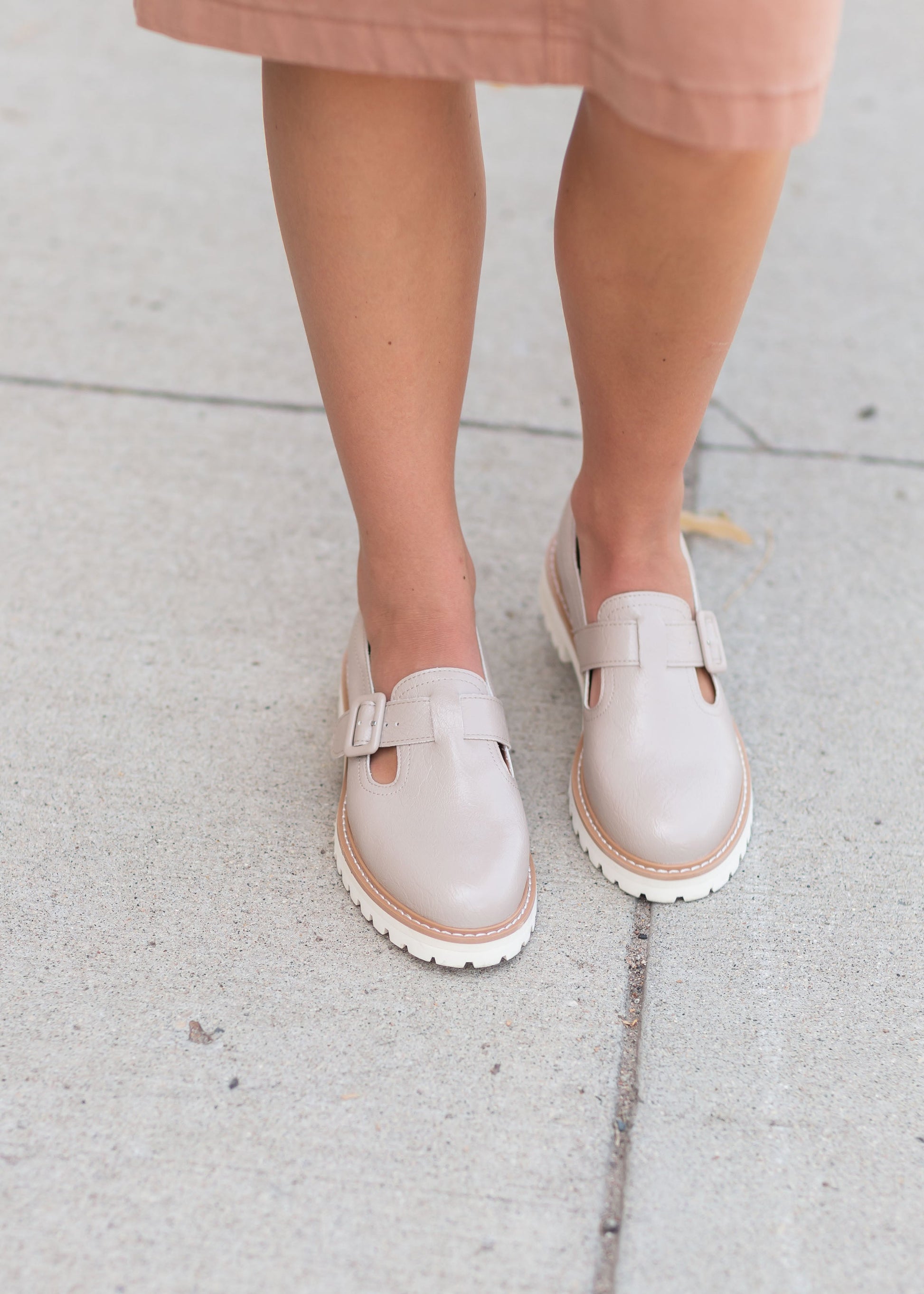 The Amelia Taupe Buckle Strap Loafers Shoes