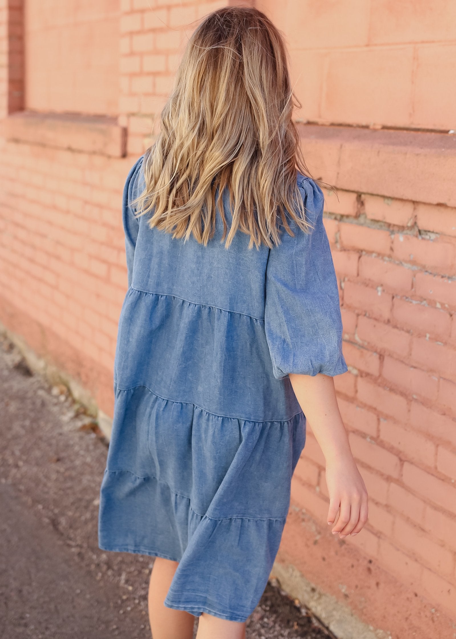 Tiered Button Up Denim Collar Pocket Midi Dress Dresses Polagram