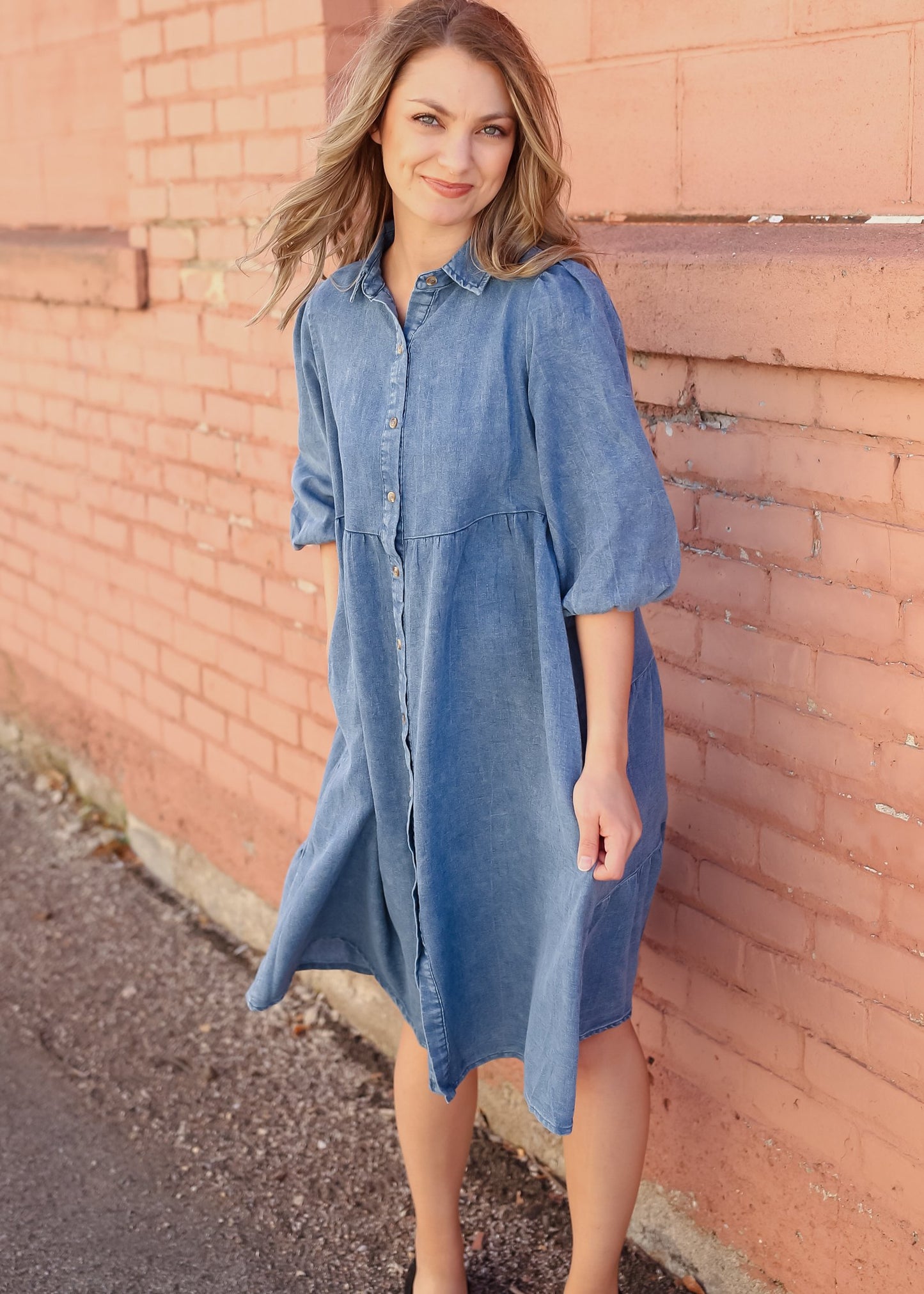 Tiered Button Up Denim Collar Pocket Midi Dress Dresses Polagram