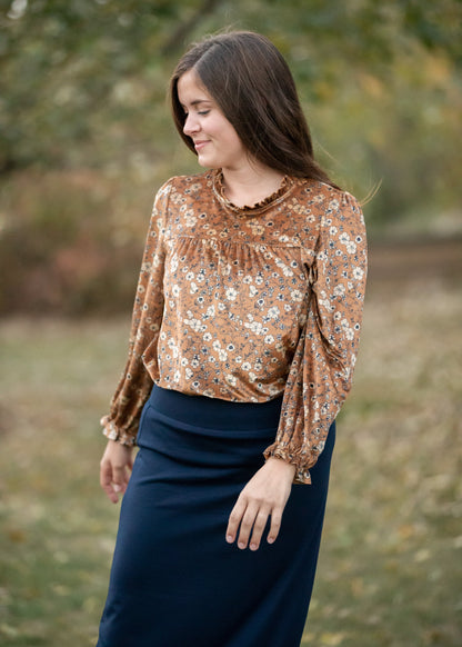 Velvet Long Sleeve Floral Top Tops