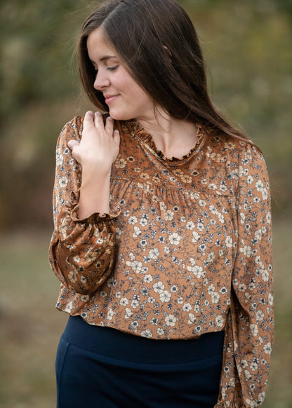 Velvet Long Sleeve Floral Top Tops