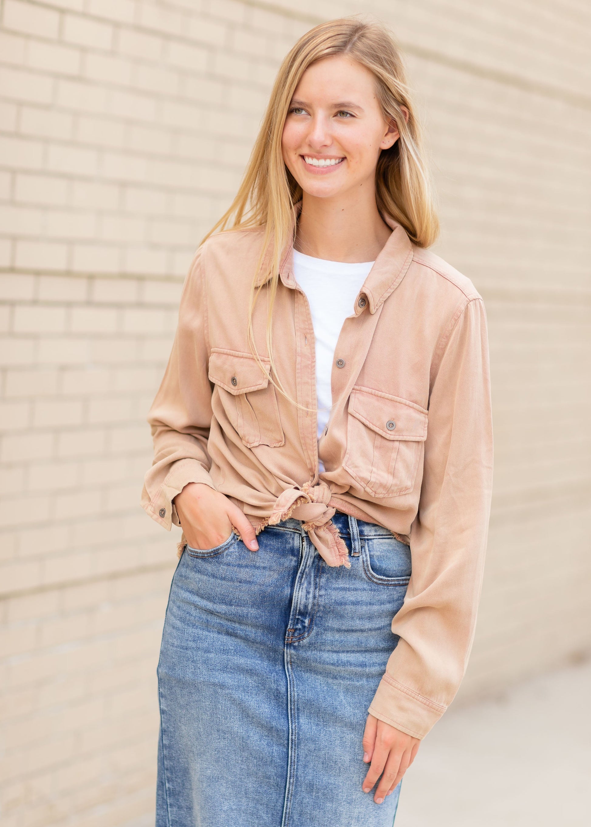 Washed Rust Button Down Top Tops