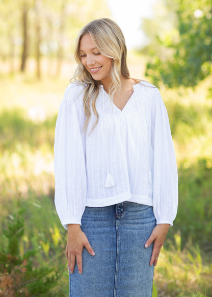 White Balloon Sleeve Top Tops