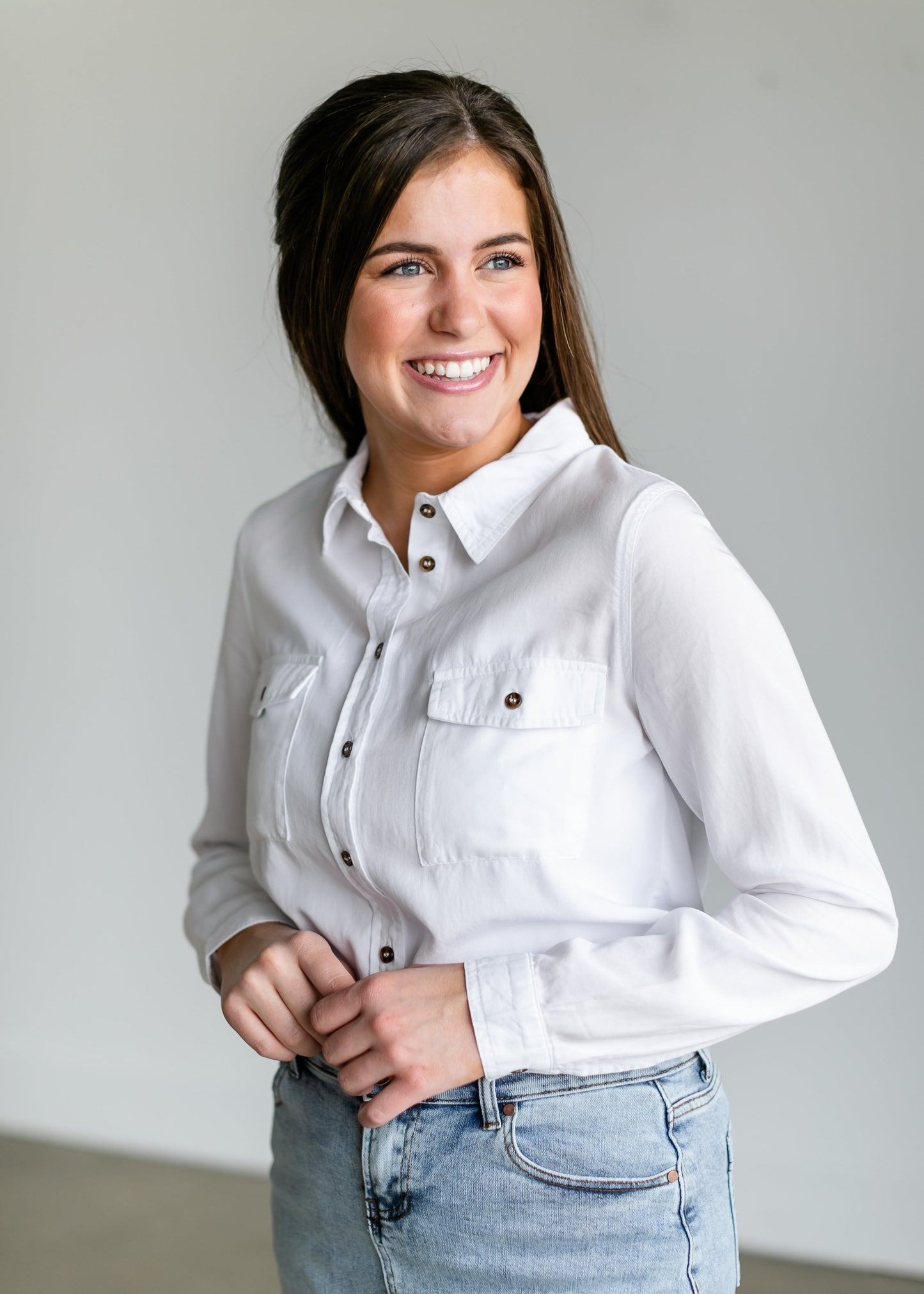 White Chambray Button Down Shirt Tops