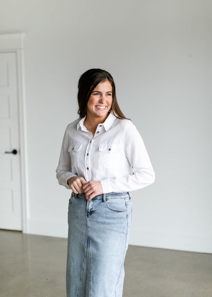 White Chambray Button Down Shirt Tops