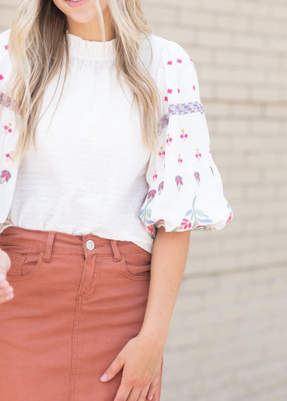 White Embroidered Balloon Sleeve Textured Top Tops