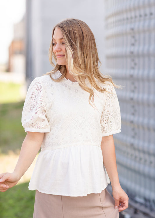 White Lace Mixed Blouse Top Tops