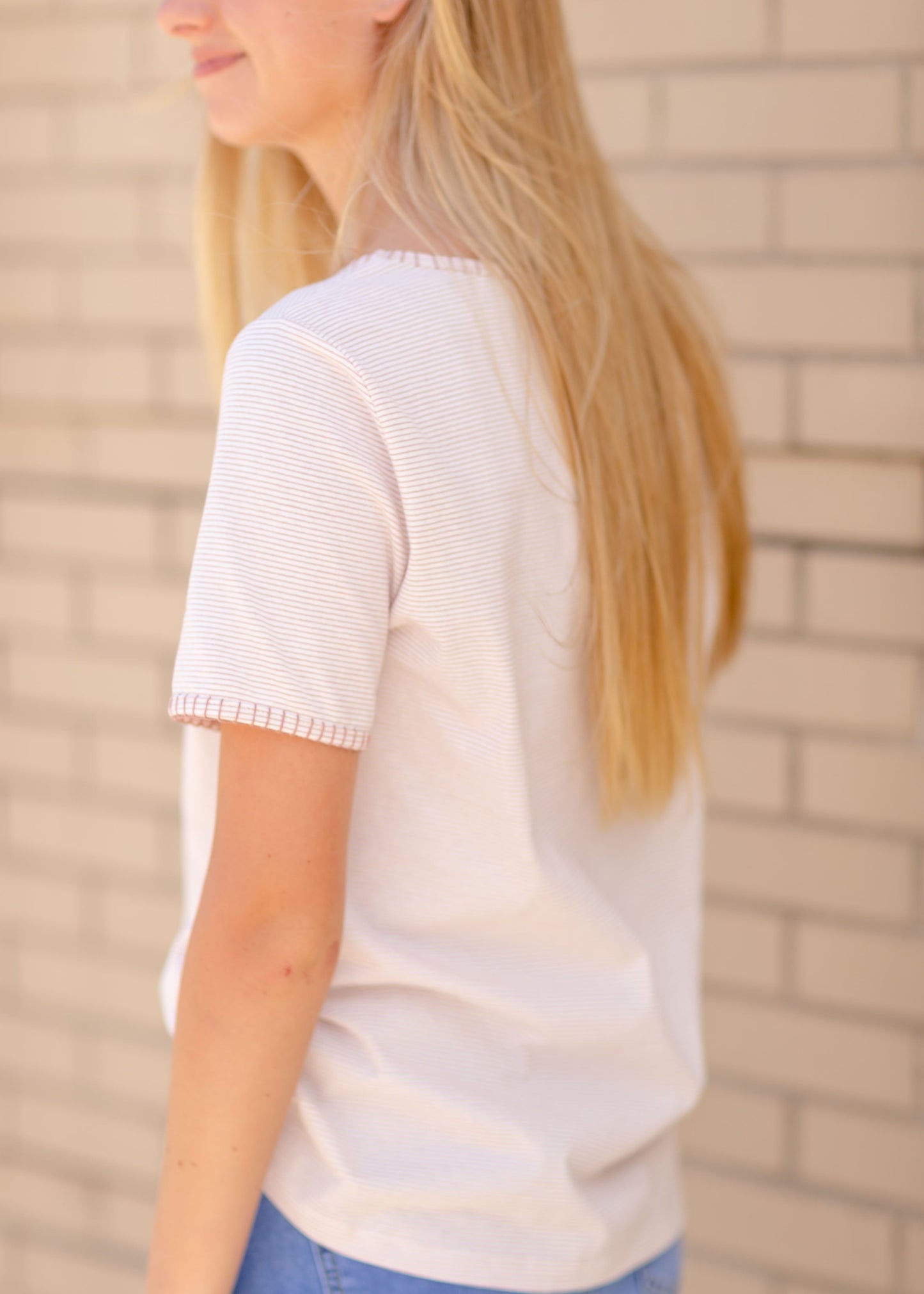 White & Mauve Striped T-Shirt Tops