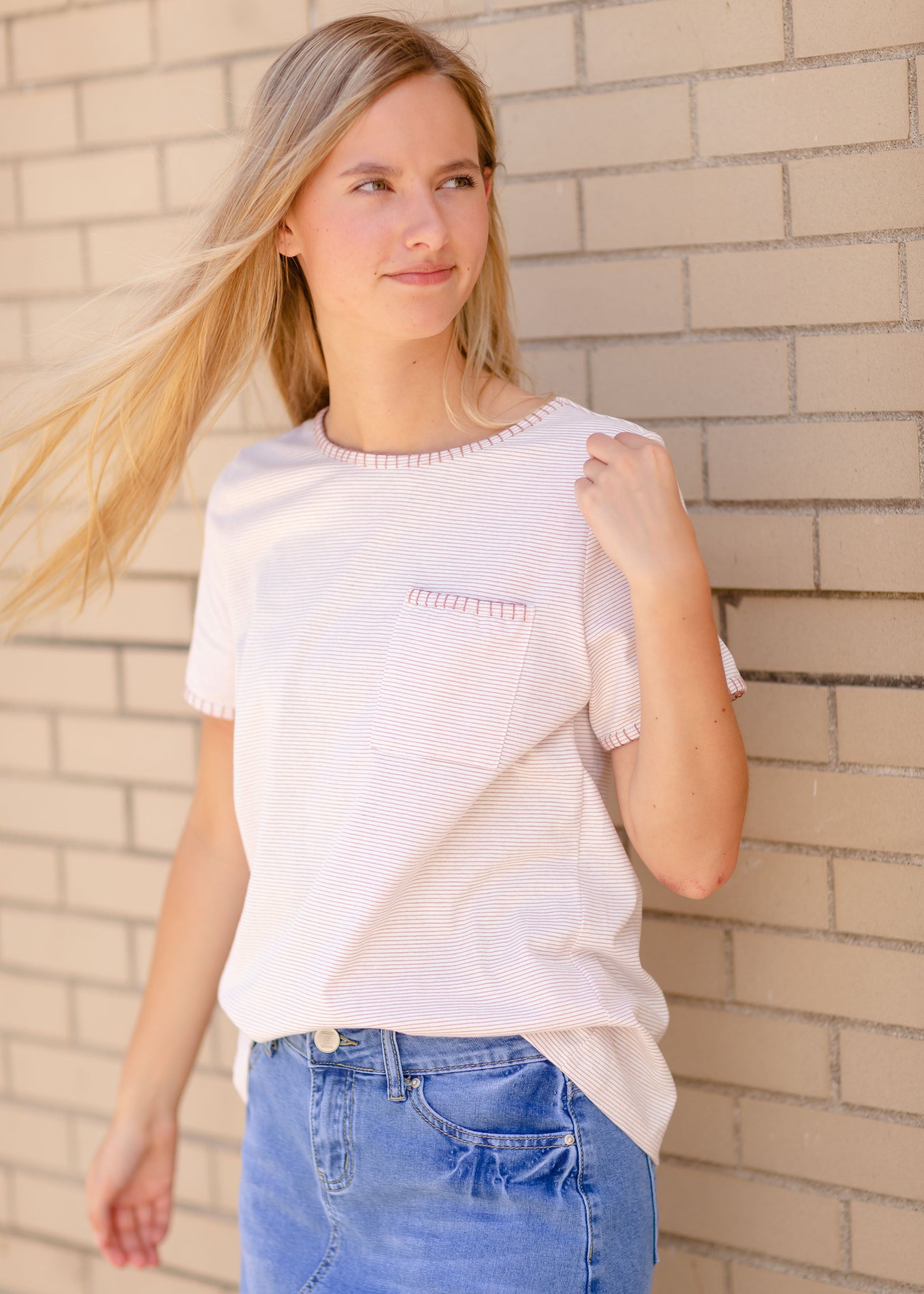 White & Mauve Striped T-Shirt Tops