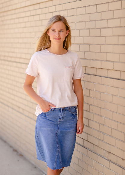 White & Mauve Striped T-Shirt Tops