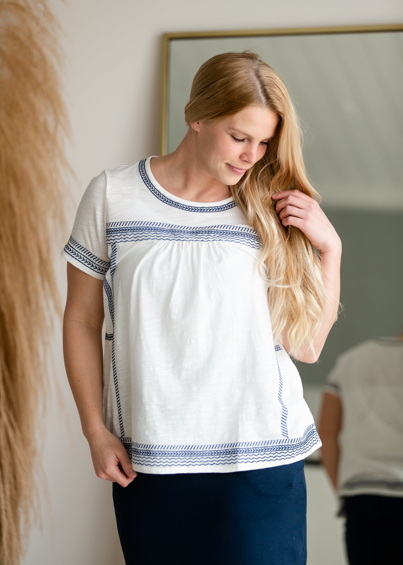 White & Navy Embroidered Top Shirt Hailey & Co