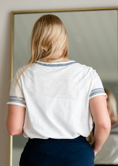 White & Navy Embroidered Top Shirt Hailey & Co