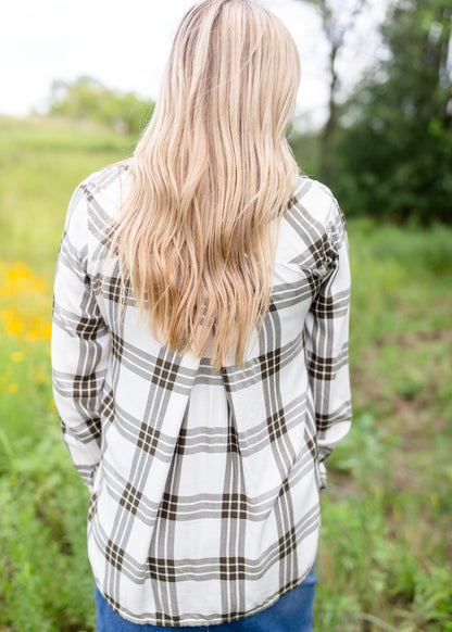 White & Olive Plaid Button Up Top Tops