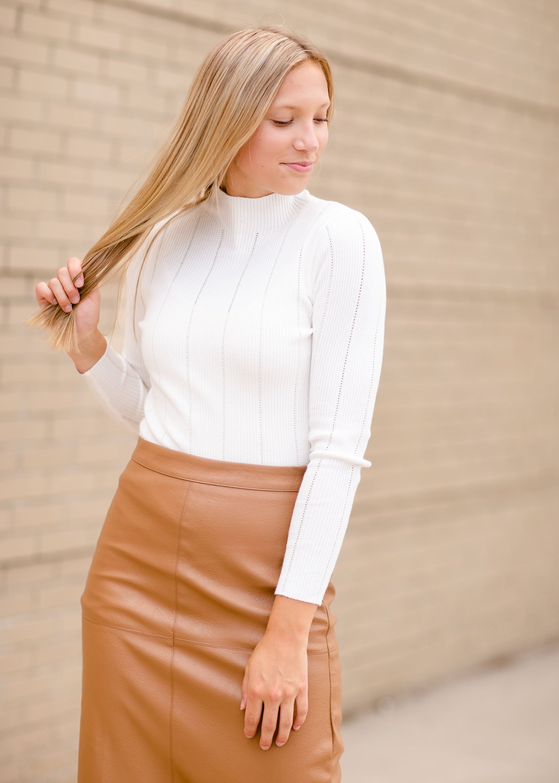 White Textured Mock Neck Long Sleeve Sweater Tops